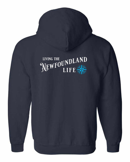 Living the Newfoundland Life blue Left Chest and Back Zip Hoodie