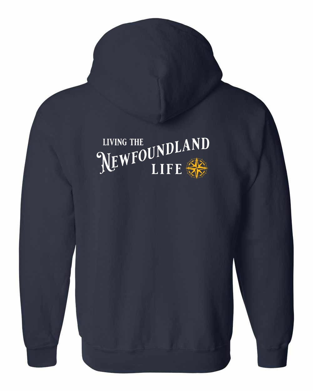 Living the Newfoundland Life yellow Left Chest and Back Zip Hoodie