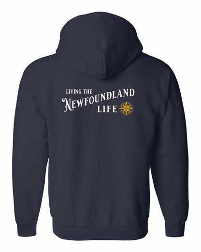 Living the Newfoundland Life yellow Left Chest and Back Zip Hoodie