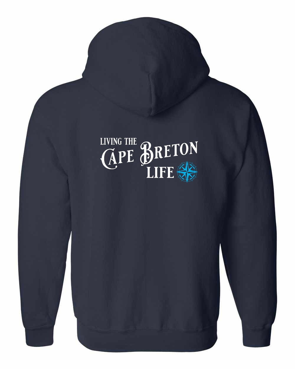 Living the Cape Breton Life blue Left Chest and Back Zip Hoodie
