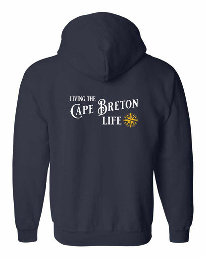 Living the Cape Breton Life yellow Left Chest and Back Zip Hoodie