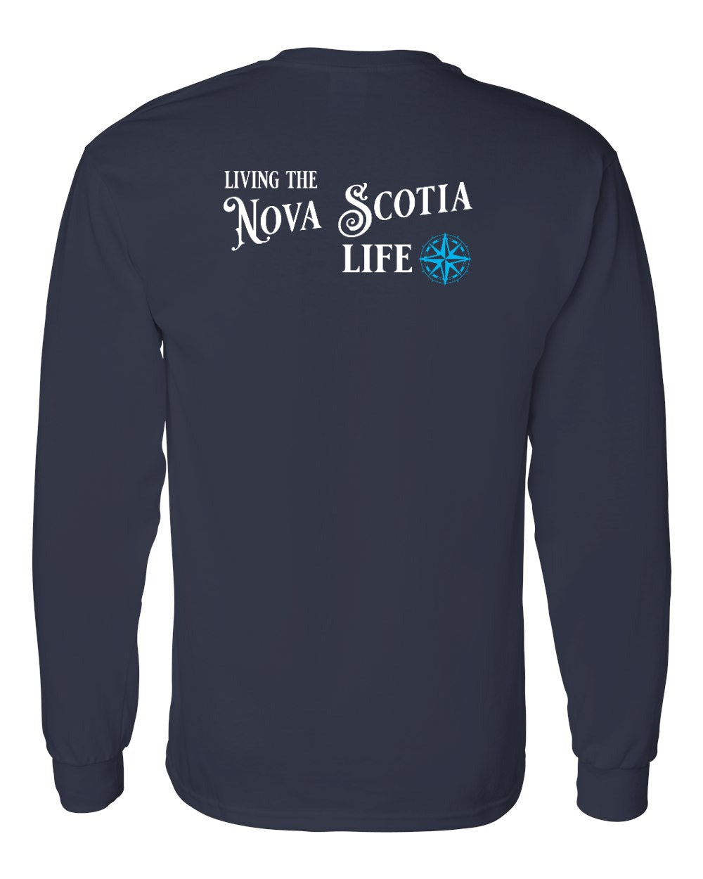 Living the Nova Scotia Life blue Left Chest and Back Long Sleeve Tee