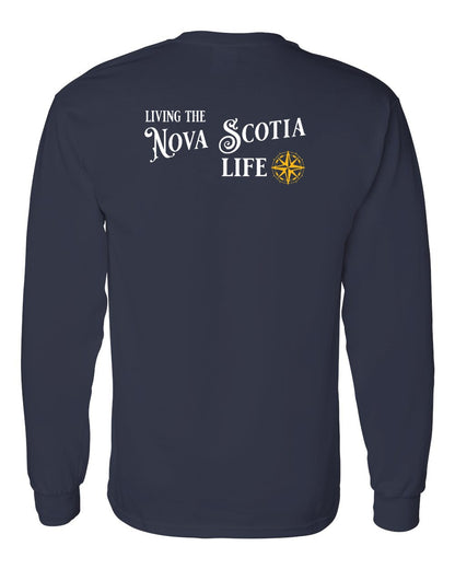 Living the Nova Scotia Life yellow Left Chest and Back Long Sleeve Tee