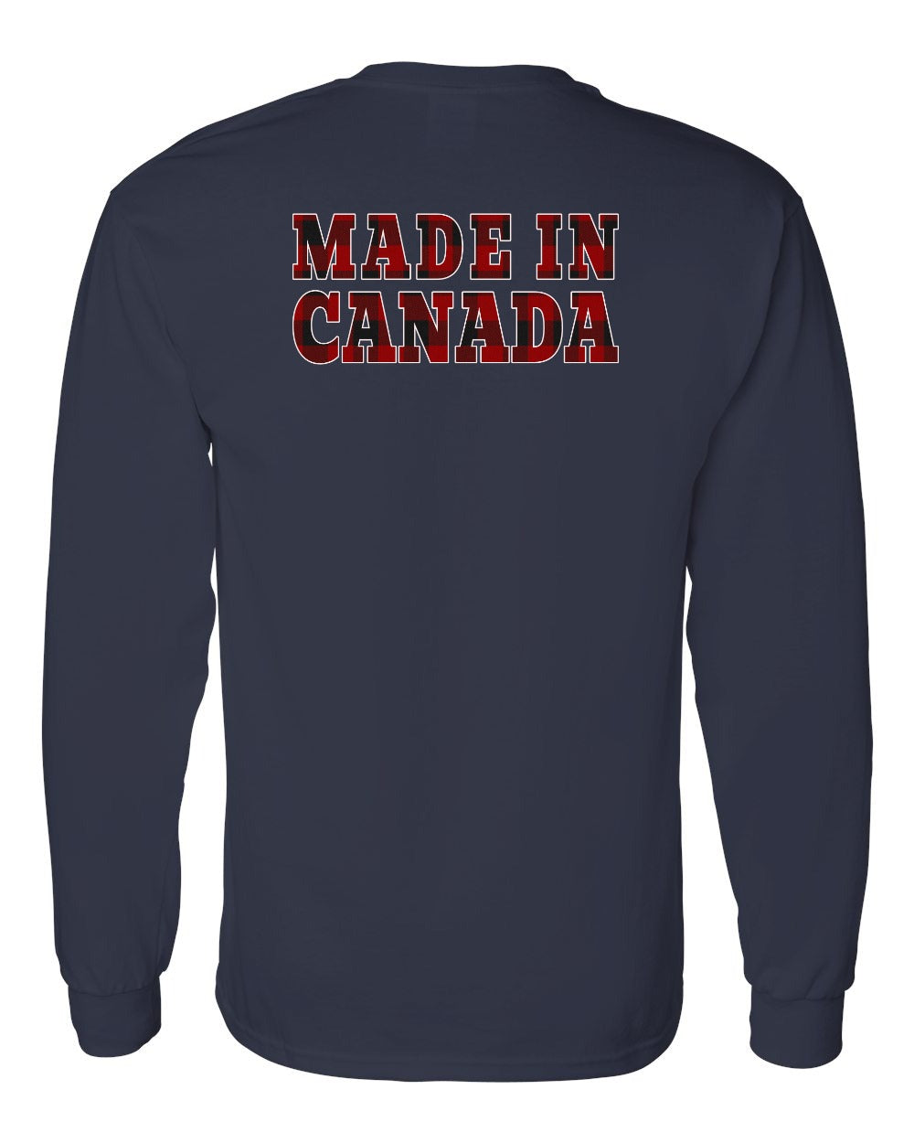 Made in Canada Plaid Background Left Chest and Back Long Sleeve - Gildan Canada (sewn Internationally) - Unisex