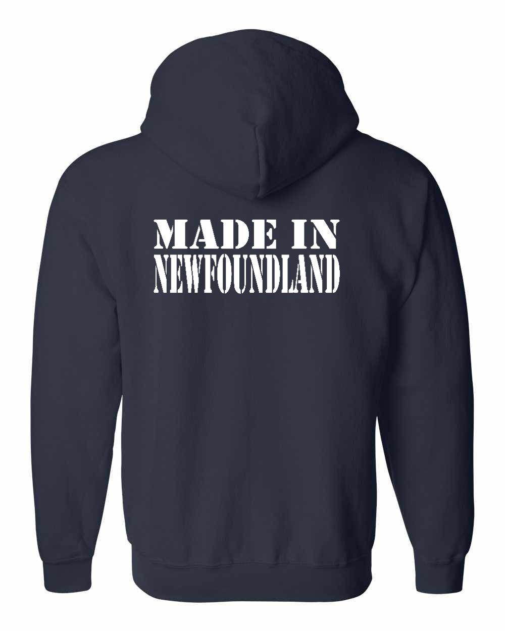 Made In NFLD ( White Lettering) Left Chest and Back Zip Hoodie - Unisex