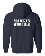 Made In NFLD ( White Lettering) Left Chest and Back Zip Hoodie - Unisex