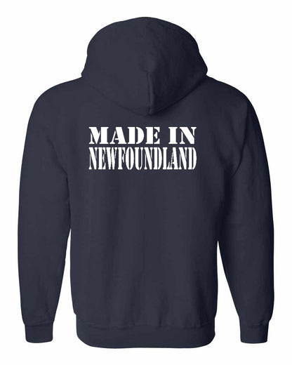 Made In Newfoundland ( White Lettering) Left Chest and Back Zip Hoodie