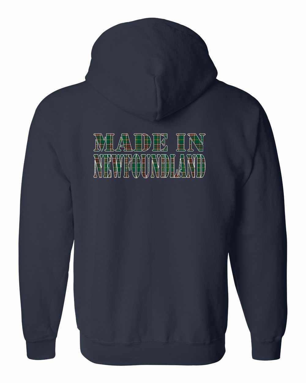 Made In Newfoundland ( Tartan Lettering) Left Chest and Back Zip Hoodie