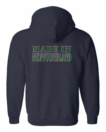 Made In Newfoundland ( Tartan Lettering) Left Chest and Back Zip Hoodie