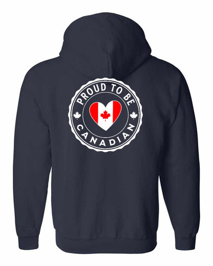 Proud to be Canadian Heart Flag Left Chest and Back Zip Hoodie - Gildan Canada (sewn Internationally)