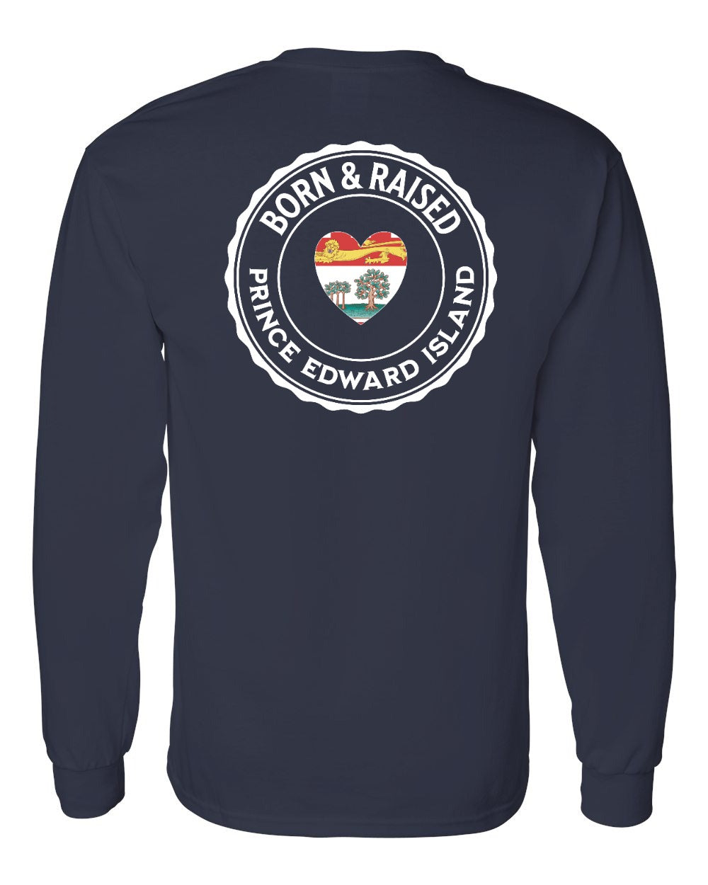 Born and Raised PEI Heart Flag Left Chest & Back Long Sleeve Tee - Unisex