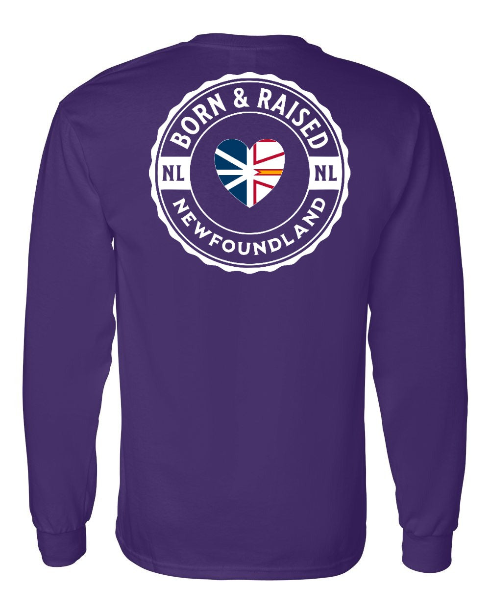 Born and Raised NFLD Heart Flag Left Chest & Back Long Sleeve Tee - Unisex