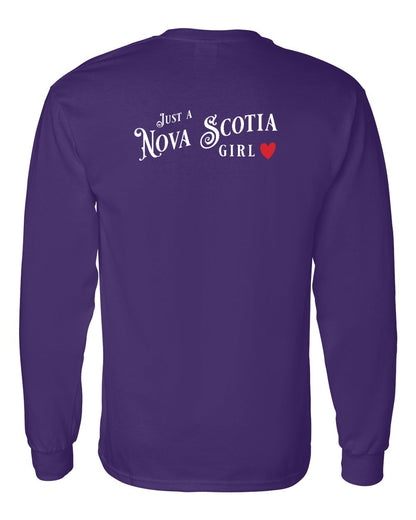 Just a Nova Scotia Girl Red Heart Left Chest and Back Long Sleeve Tee