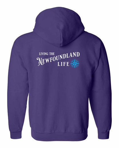 Living the Newfoundland Life blue Left Chest and Back Zip Hoodie