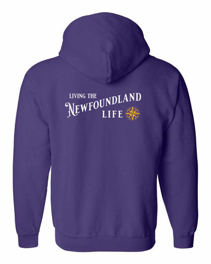 Living the Newfoundland Life yellow Left Chest and Back Zip Hoodie
