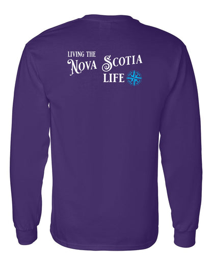 Living the Nova Scotia Life blue Left Chest and Back Long Sleeve Tee