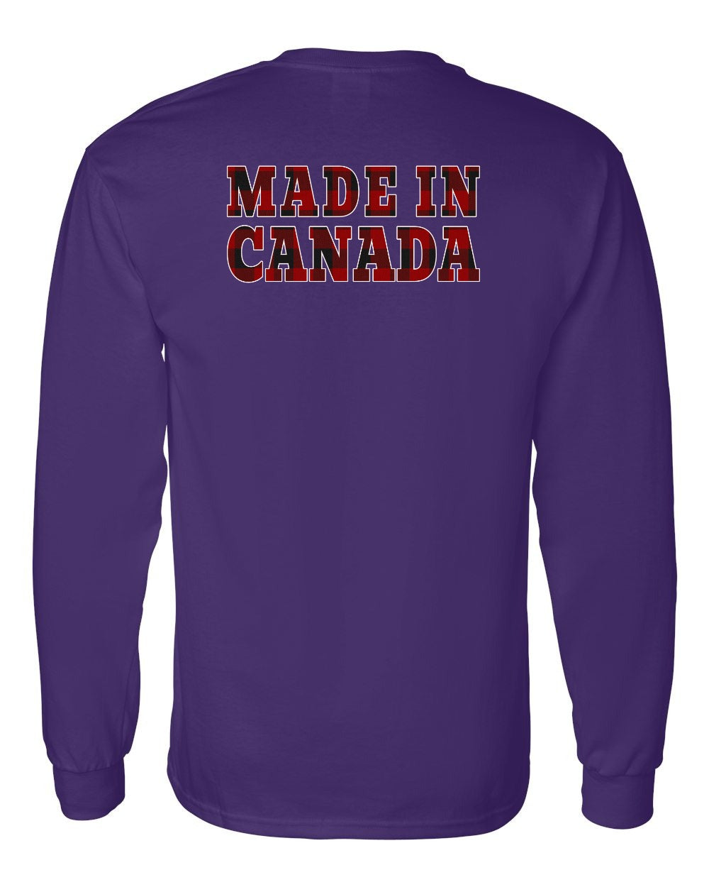 Made in Canada Plaid Background Left Chest and Back Long Sleeve - Gildan Canada (sewn Internationally) - Unisex