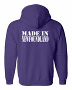 Made In NFLD ( White Lettering) Left Chest and Back Zip Hoodie - Unisex