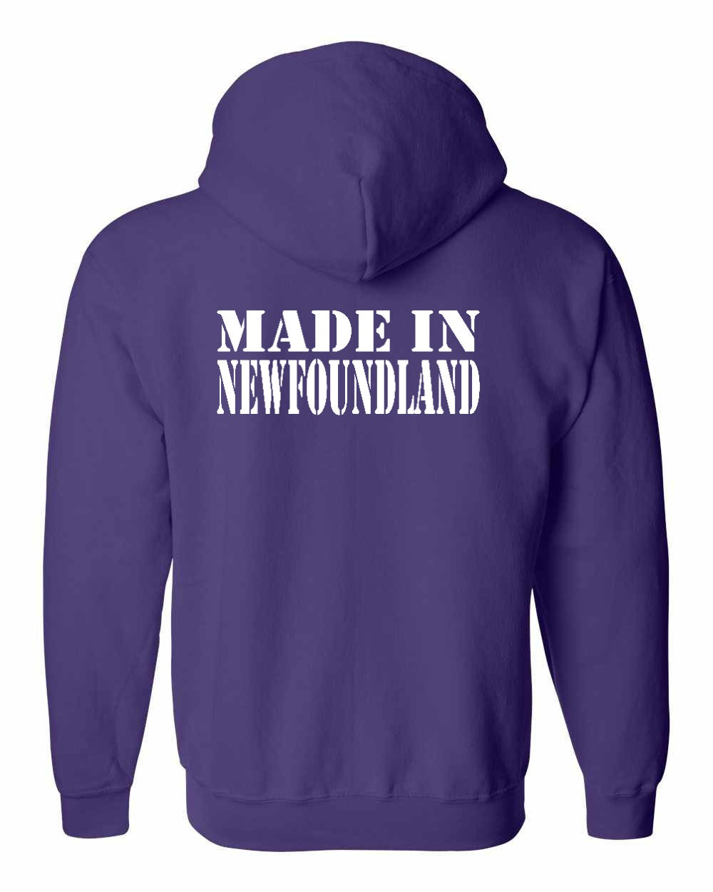 Made In NFLD ( White Lettering) Left Chest and Back Zip Hoodie - Unisex