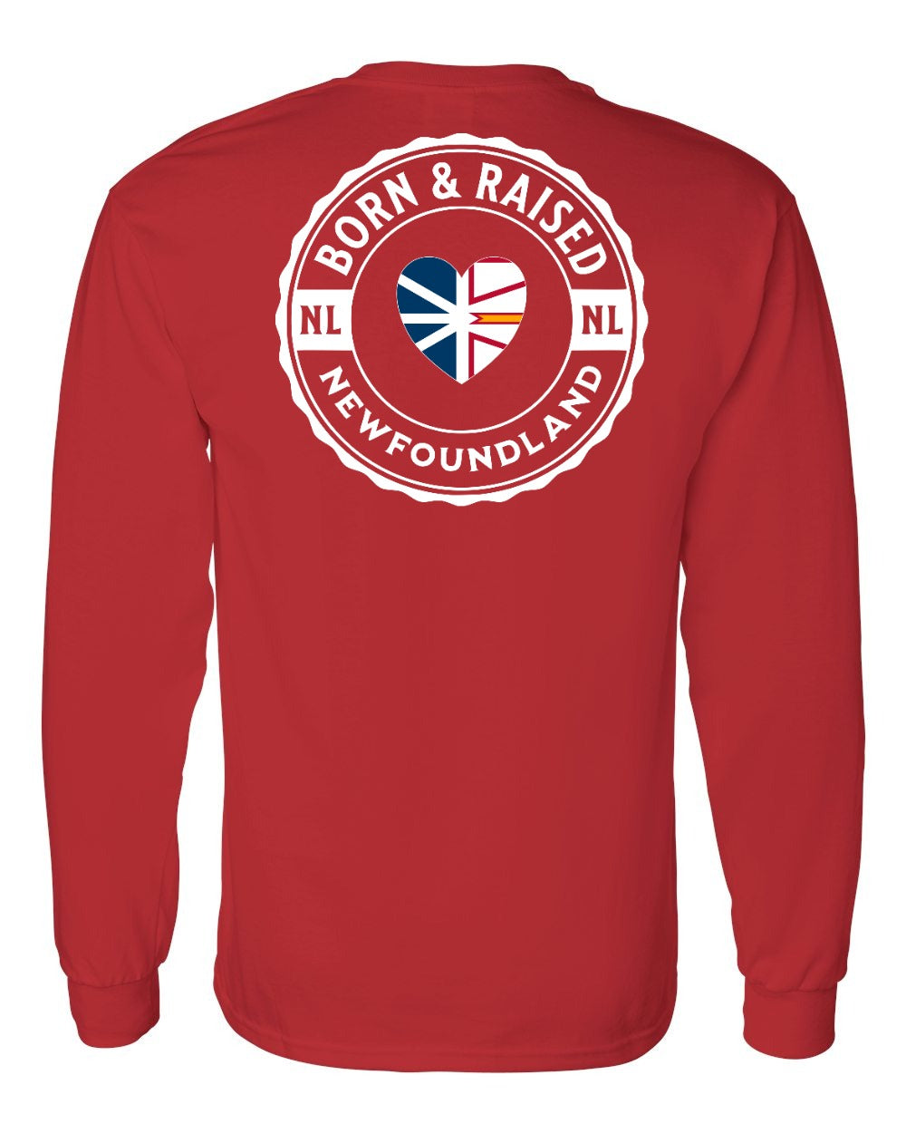 Born and Raised NFLD Heart Flag Left Chest & Back Long Sleeve Tee - Unisex
