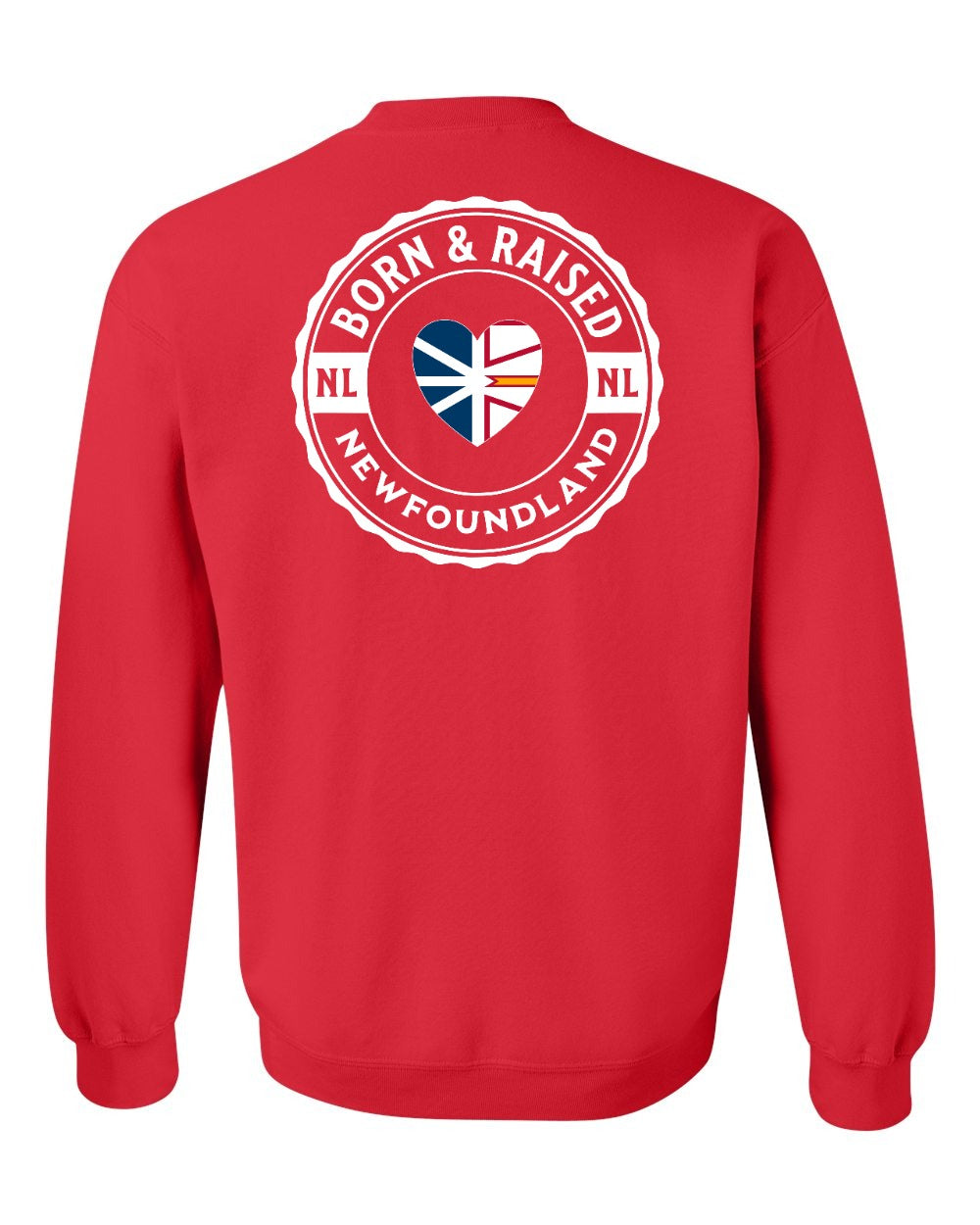 Born and Raised NFLD Heart Flag Left Chest & Back Crewneck Sweatshirt - Unisex