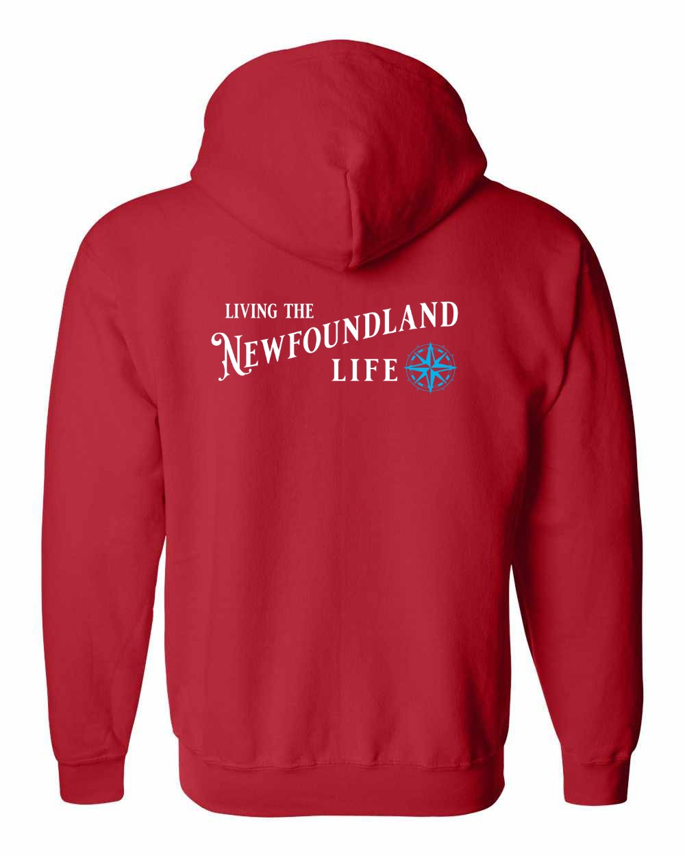 Living the Newfoundland Life blue Left Chest and Back Zip Hoodie