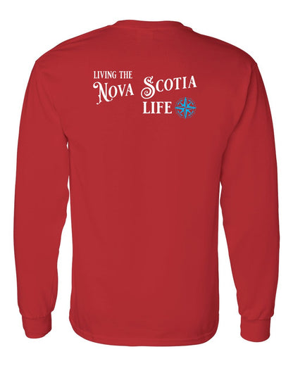 Living the Nova Scotia Life blue Left Chest and Back Long Sleeve Tee