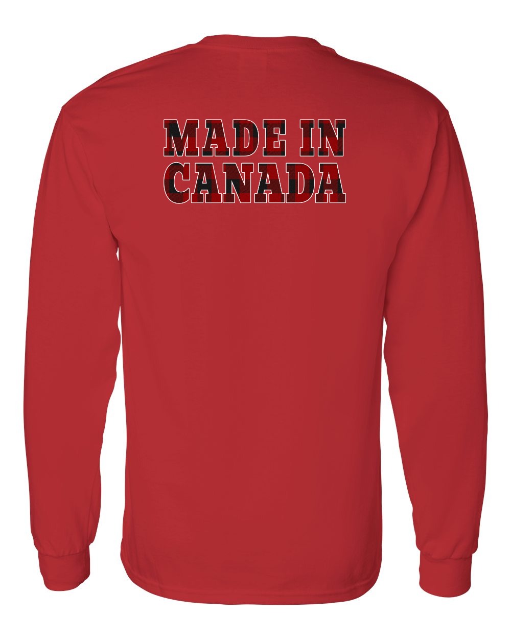 Made in Canada Plaid Background Left Chest and Back Long Sleeve - Gildan Canada (sewn Internationally) - Unisex