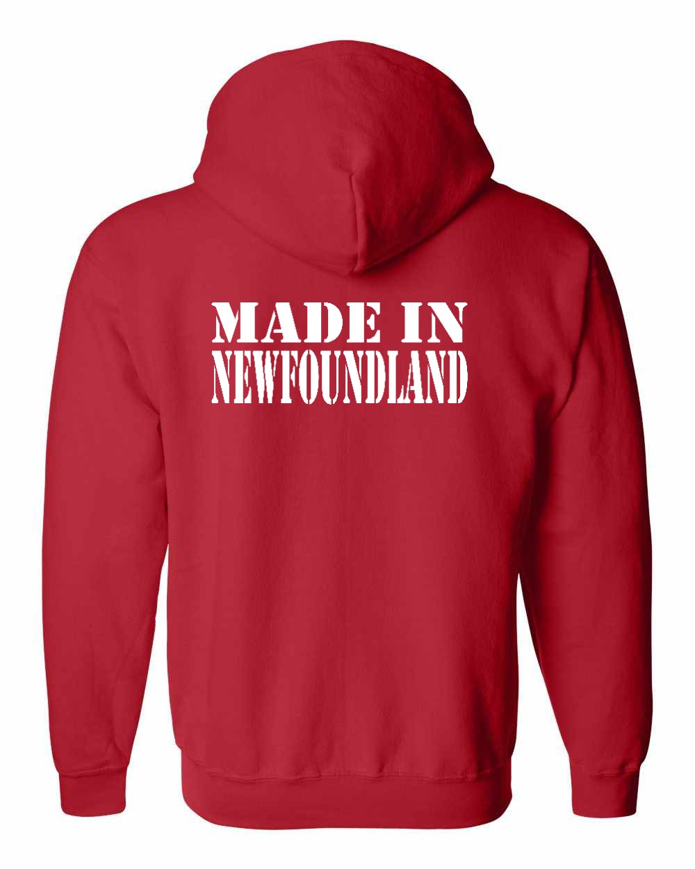Made In NFLD ( White Lettering) Left Chest and Back Zip Hoodie - Unisex