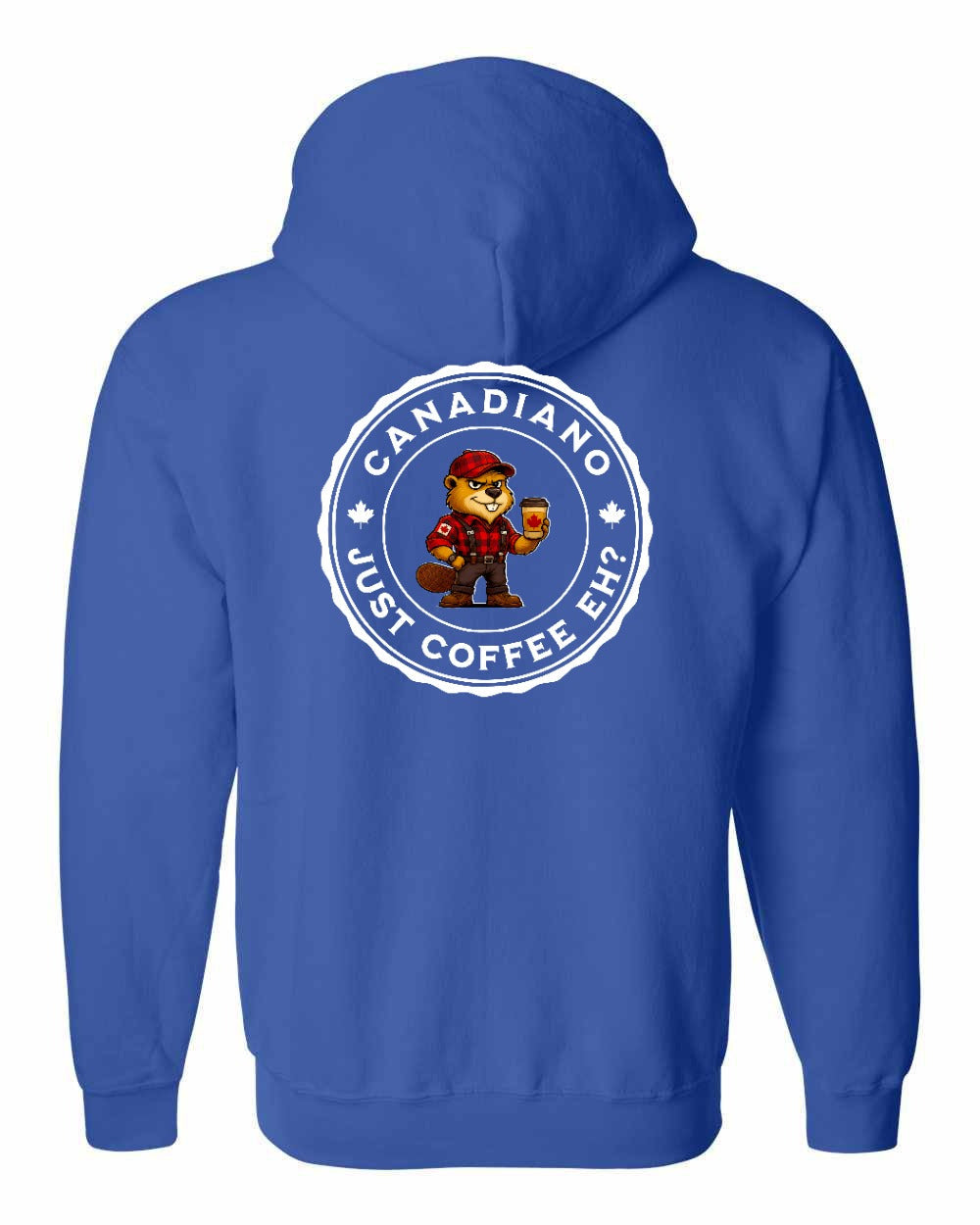 Canadiano just Coffee EH! Male Beaver Left Chest and Back Zip Hoodie - Gildan Canada (sewn Internationally)