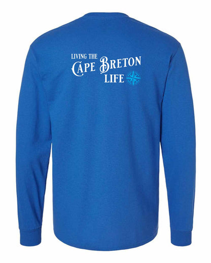 Living the Cape Breton Life blue Left Chest and Back Long Sleeve Tee