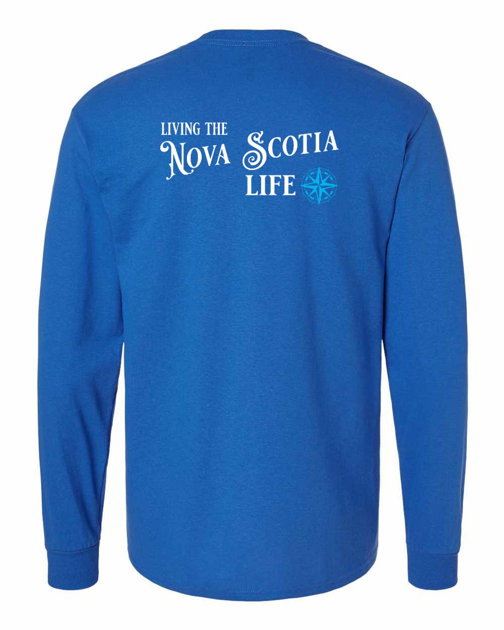 Living the Nova Scotia Life blue Left Chest and Back Long Sleeve Tee