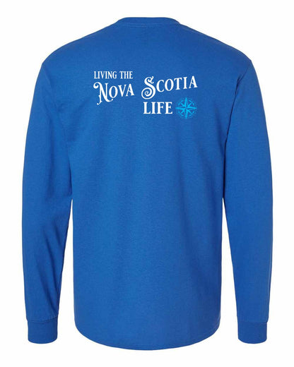 Living the Nova Scotia Life blue Left Chest and Back Long Sleeve Tee