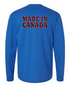 Made in Canada Plaid Background Left Chest and Back Long Sleeve - Gildan Canada (sewn Internationally) - Unisex