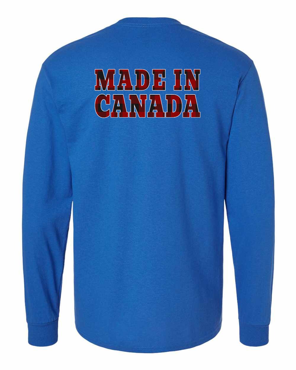 Made in Canada Plaid Background Left Chest and Back Long Sleeve - Gildan Canada (sewn Internationally) - Unisex