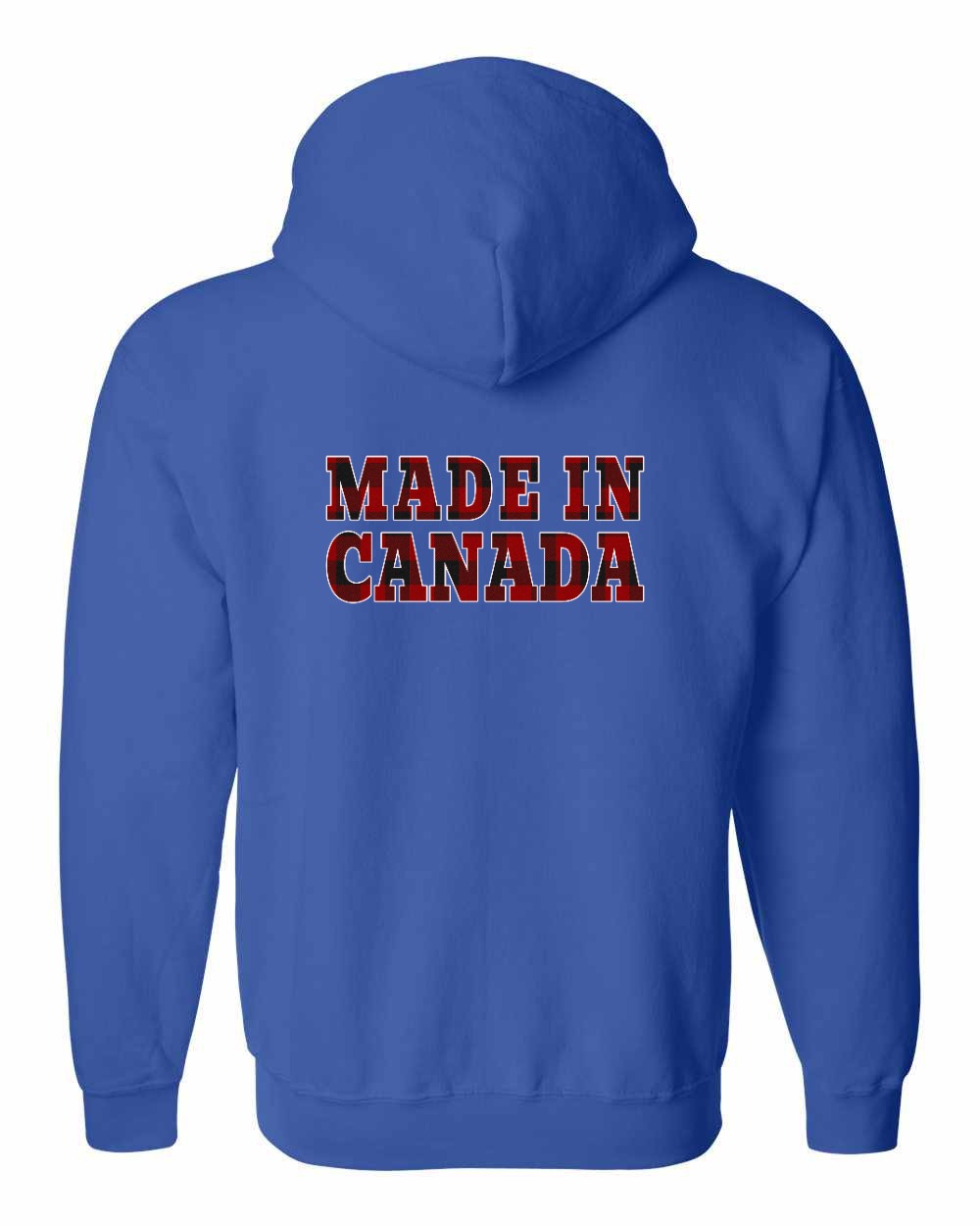 Made in Canada Plaid Background Left Chest and Back Zip Hoodie - Gildan Canada (sewn Internationally) - Unisex