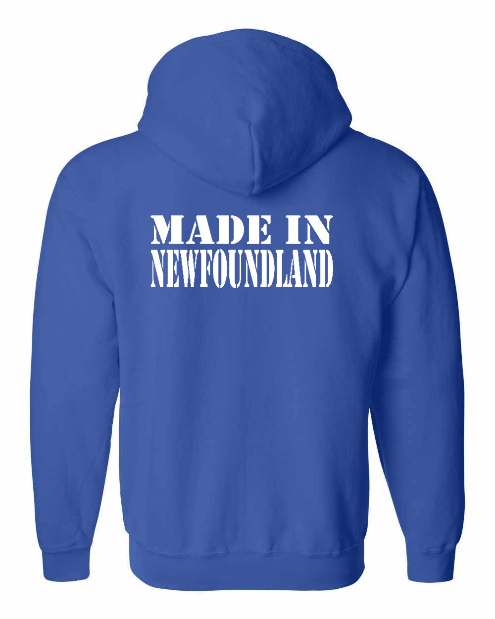 Made In NFLD ( White Lettering) Left Chest and Back Zip Hoodie - Unisex