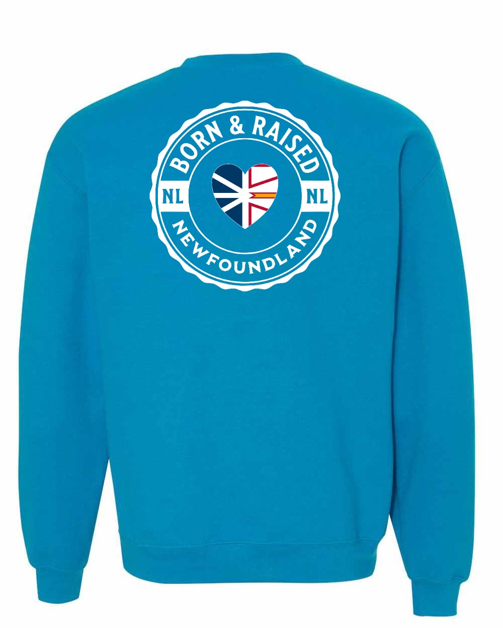 Born and Raised NFLD Heart Flag Left Chest & Back Crewneck Sweatshirt - Unisex