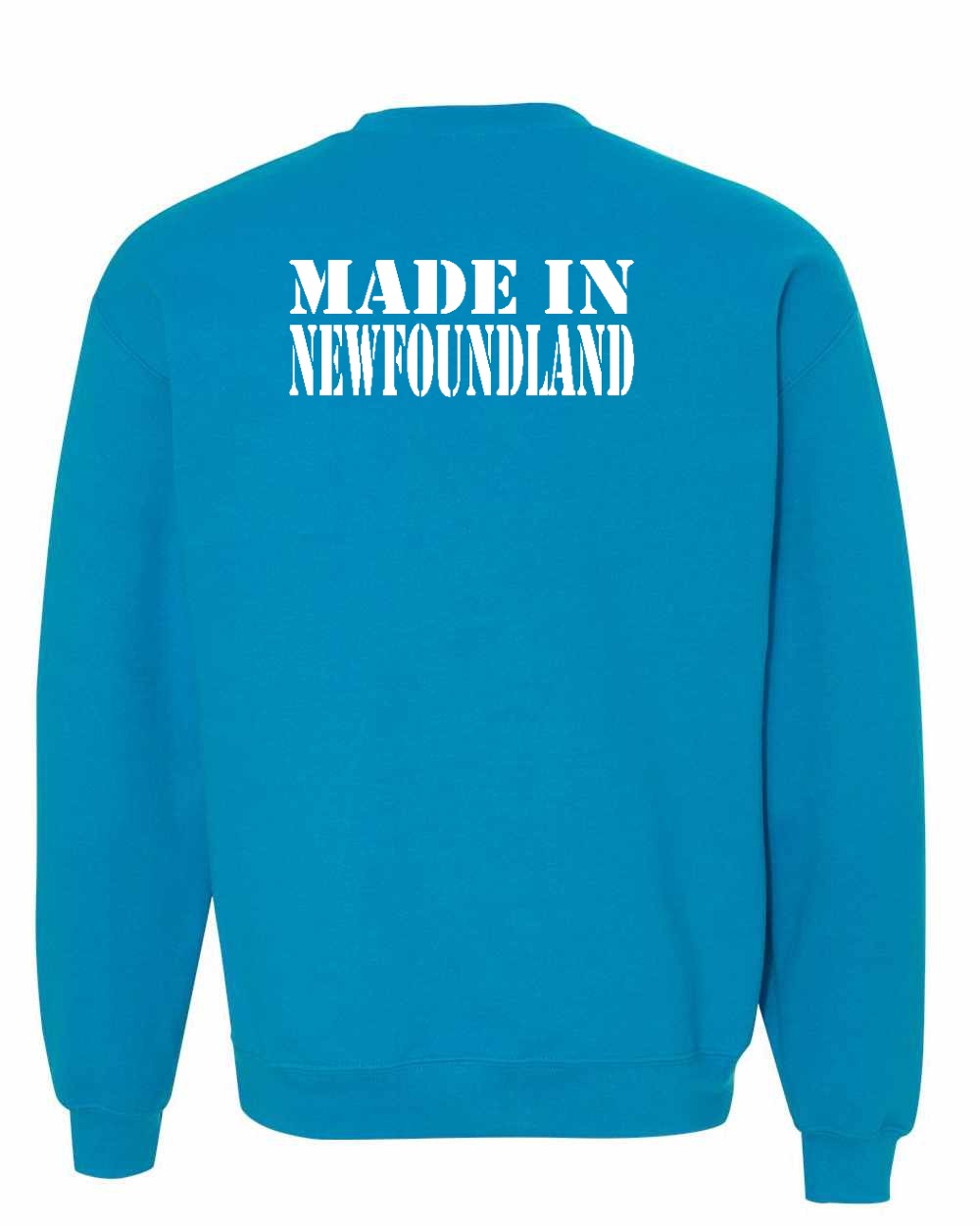 Made In NFLD ( White Lettering) Left Chest and Back Crewneck Sweatshirt - Unisex