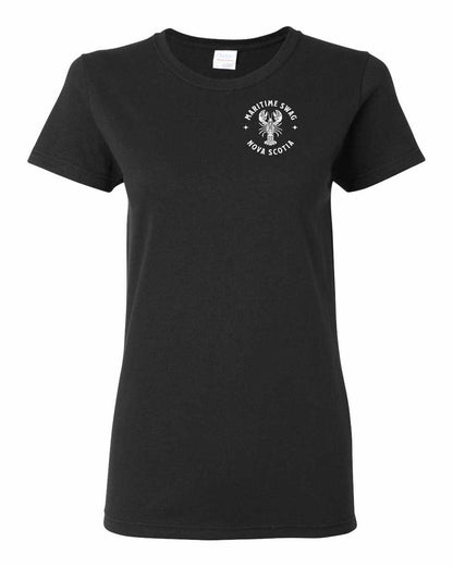 Maritime Swag Nova Scotia Mandala white Lobster Left Chest and Back womens-tee