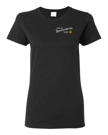 Living the Newfoundland Life yellow Left Chest and Back Women's Tee
