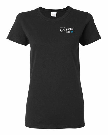 Living the Cape Breton Life blue Left Chest and Back Women's Tee