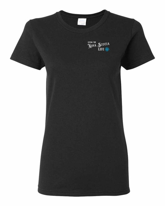 Living the Nova Scotia Life blue Left Chest and Back womens-tee