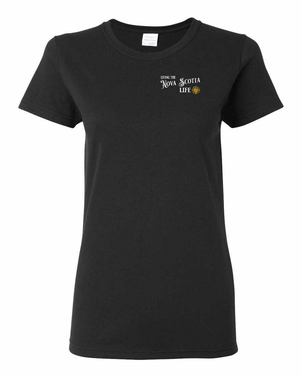 Living the Nova Scotia Life yellow Left Chest womens-tee