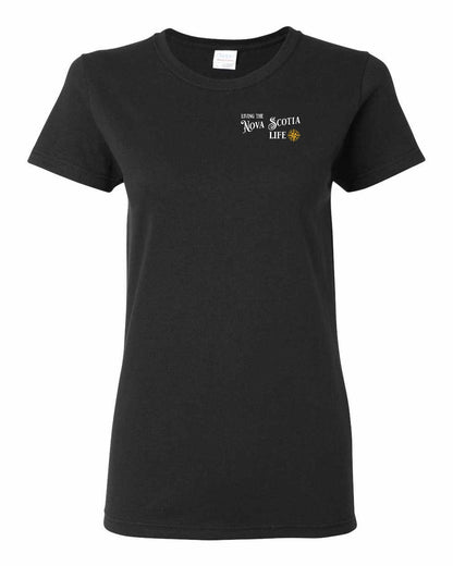 Living the Nova Scotia Life yellow Left Chest womens-tee