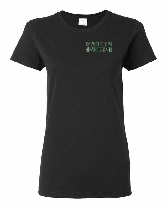 Made In Newfoundland ( Tartan Lettering) Left Chest and Back Women's Tee