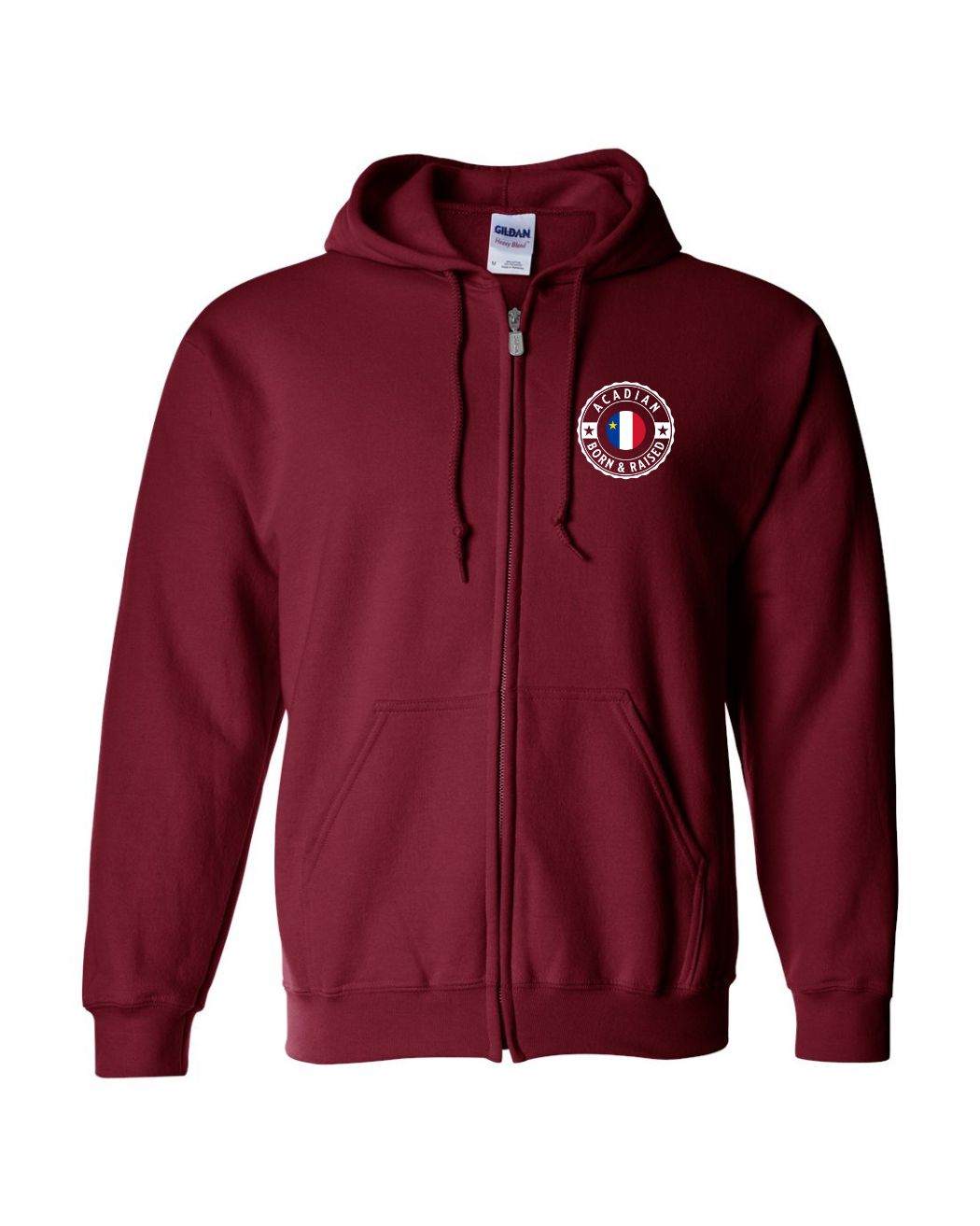 Acadian Born and Raised Acadian Flag Center - Left Chest and Back Zip Hoodie - Unisex