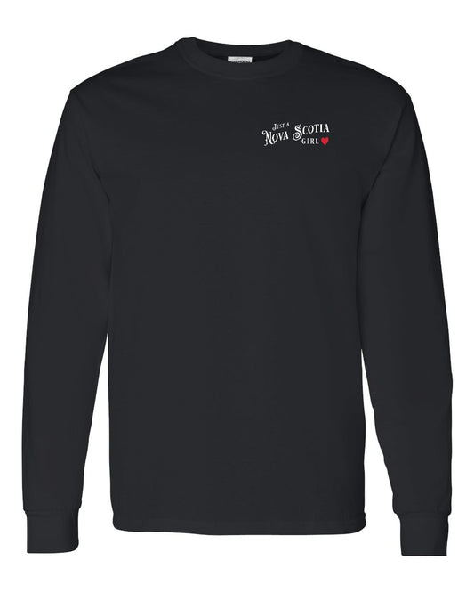 Just a Nova Scotia Girl Red Heart Left Chest Long Sleeve Tee