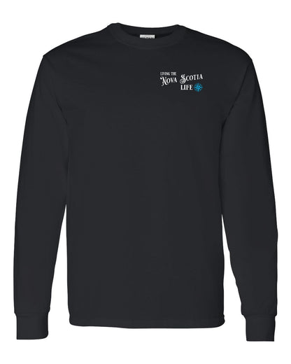 Living the Nova Scotia Life blue Left Chest and Back Long Sleeve Tee
