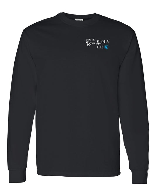 Living the Nova Scotia Life blue Left Chest and Back Long Sleeve Tee